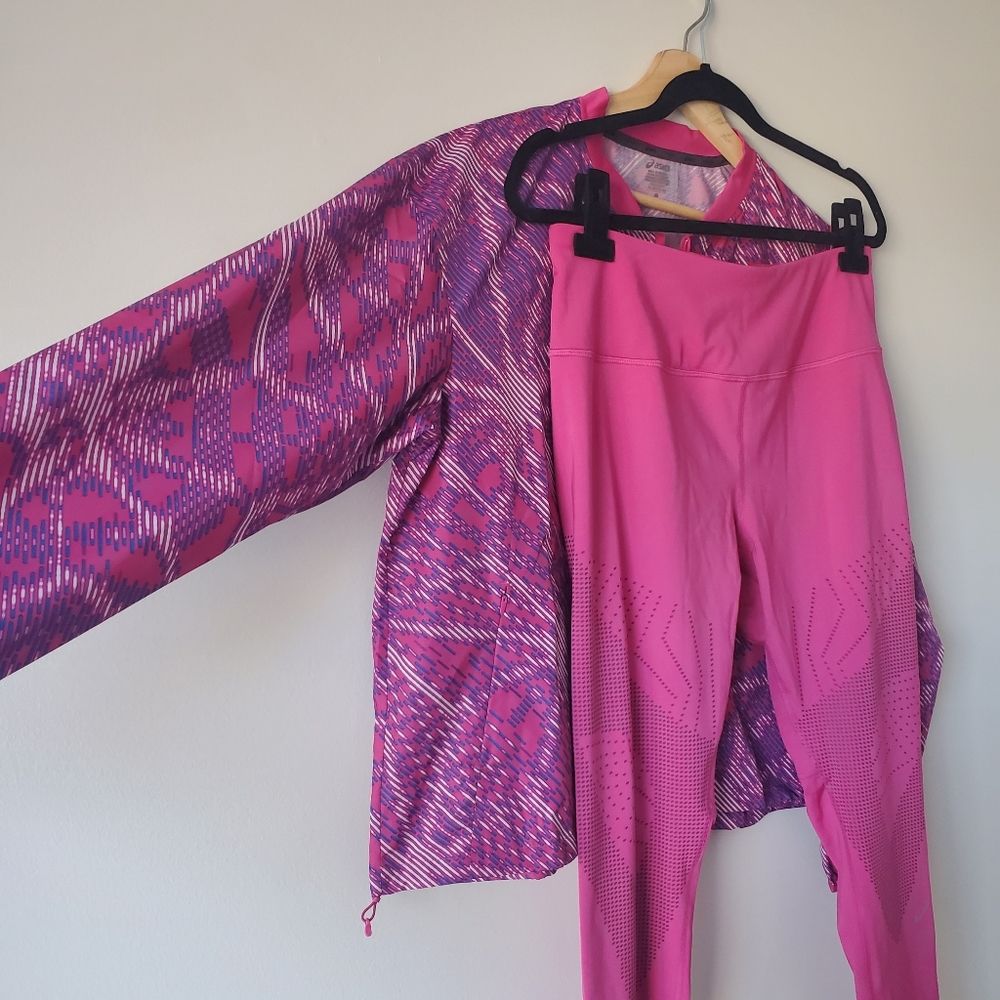 BNWT Asics jacket and leggings/tights running set, size XL, pink & navy blue